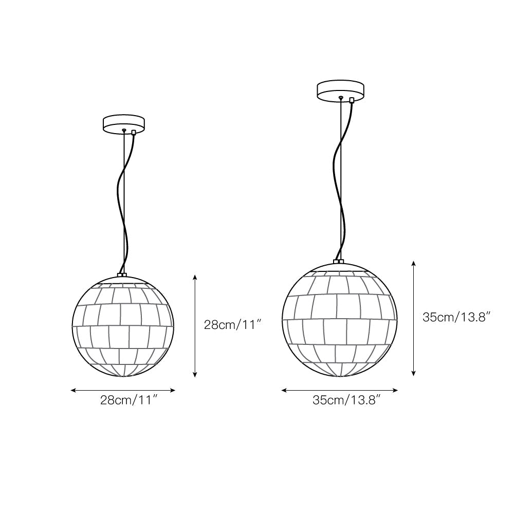 Clérachic dimension drawing giving the two pendant sizes, 28cm/11 inch and 35cm/13.8 inch globes.