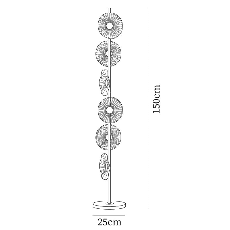 Dimension drawing of the floating raindrop floor lamp, in outline against white.