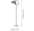 Clérachic floor lamp dimension drawing, every measurement marked in centimetres and inches.