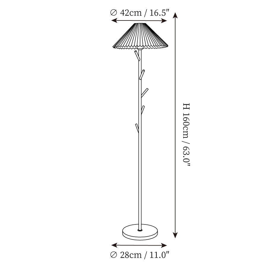 Clérachic floor lamp dimension drawing, every measurement marked in centimetres and inches.