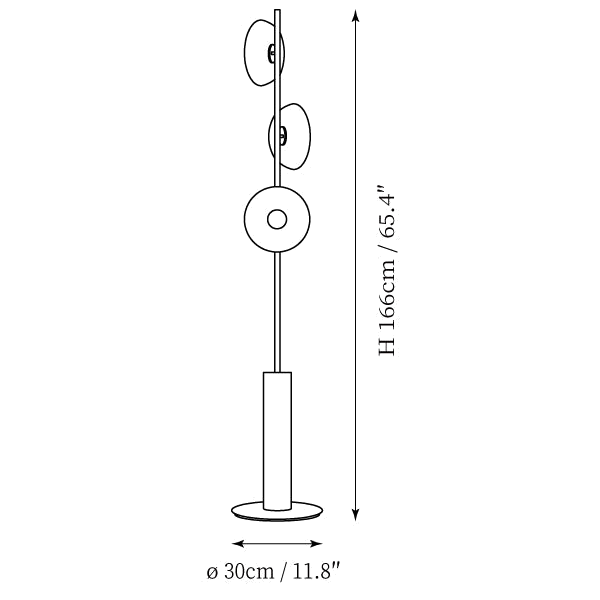Clérachic floor lamp dimension drawing, every measurement marked in centimetres and inches.