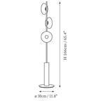 Clérachic floor lamp dimension drawing, every measurement marked in centimetres and inches.