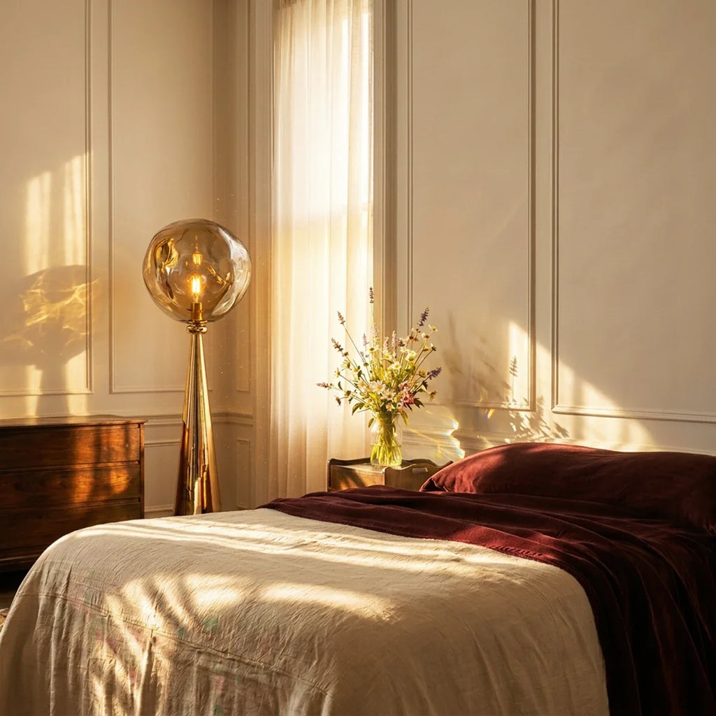 Clérachic gold floor lamp with a rippled amber shade glowing in a sunlit bedroom with panelled walls and a wooden chest.