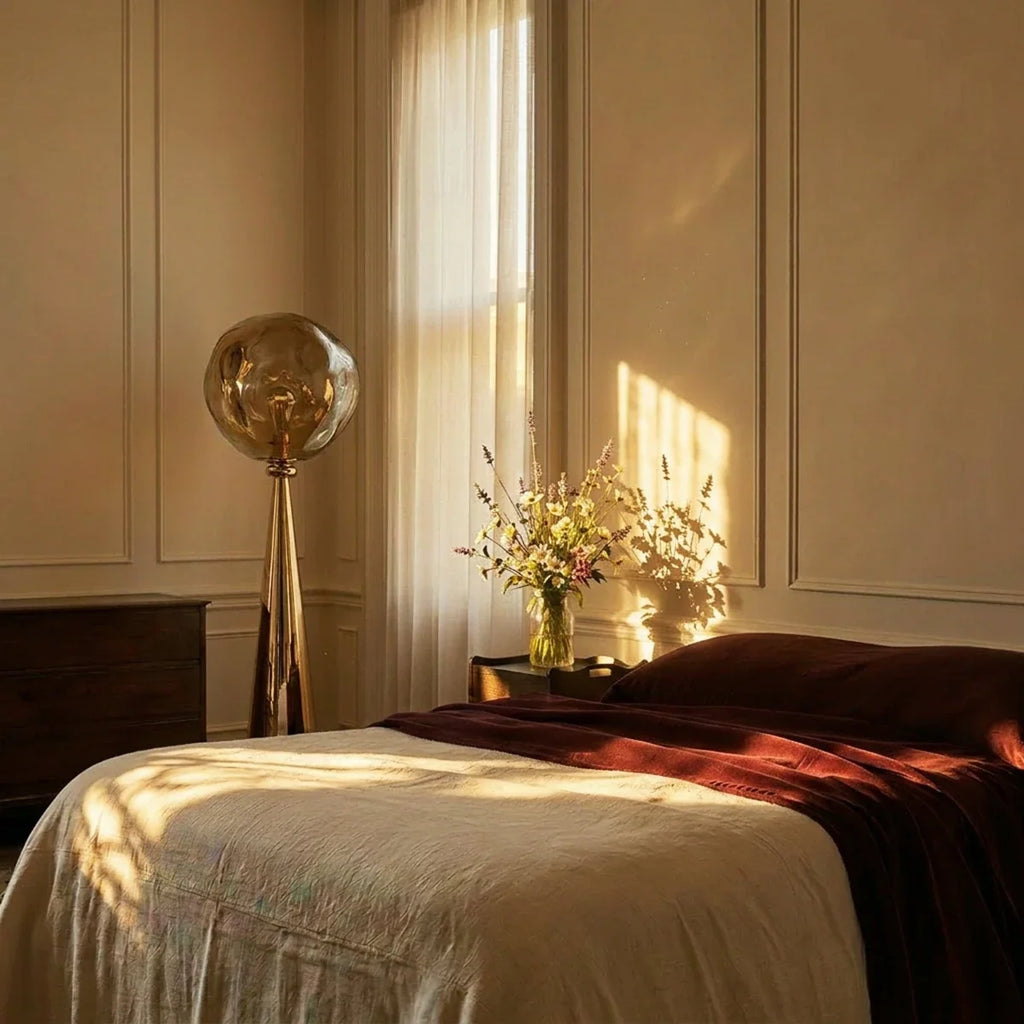 Clérachic gold floor lamp with a rippled amber shade standing unlit by a window in a softly sunlit panelled bedroom.