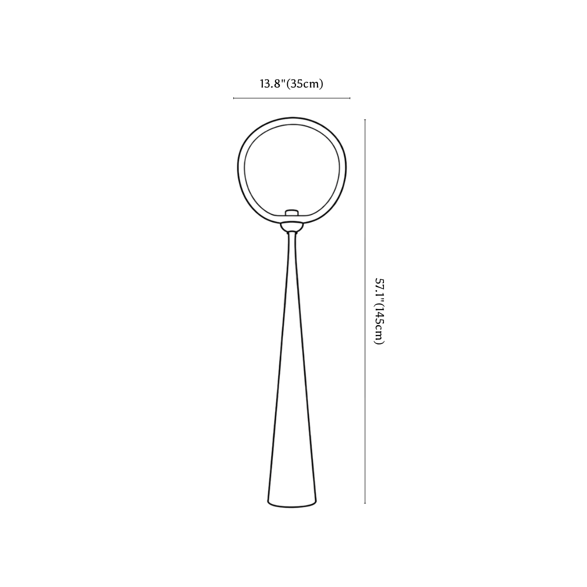 Clérachic floor lamp dimension drawing, 35 × 145 cm, every measurement marked in centimetres and inches.