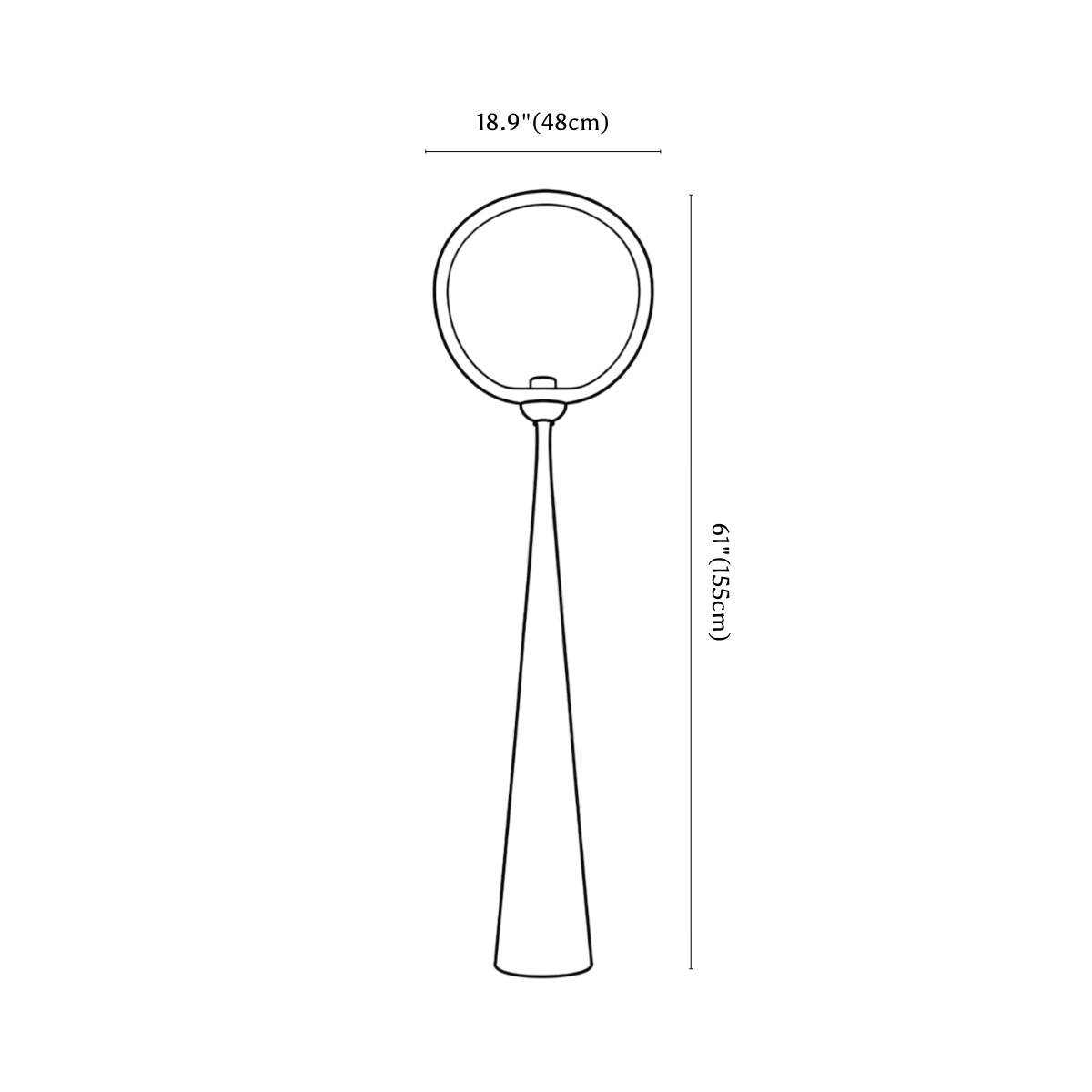 Clérachic floor lamp dimension drawing, 48 × 155 cm, every measurement marked in centimetres and inches.