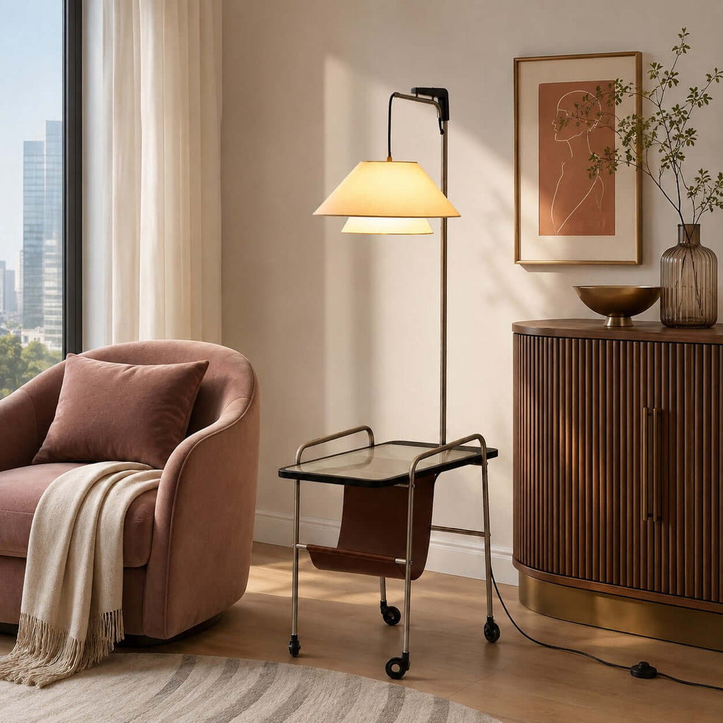 Clérachic floor lamp with a nickel-toned frame and a glass tabletop, beside a dusty-pink armchair and a fluted wood cabinet.