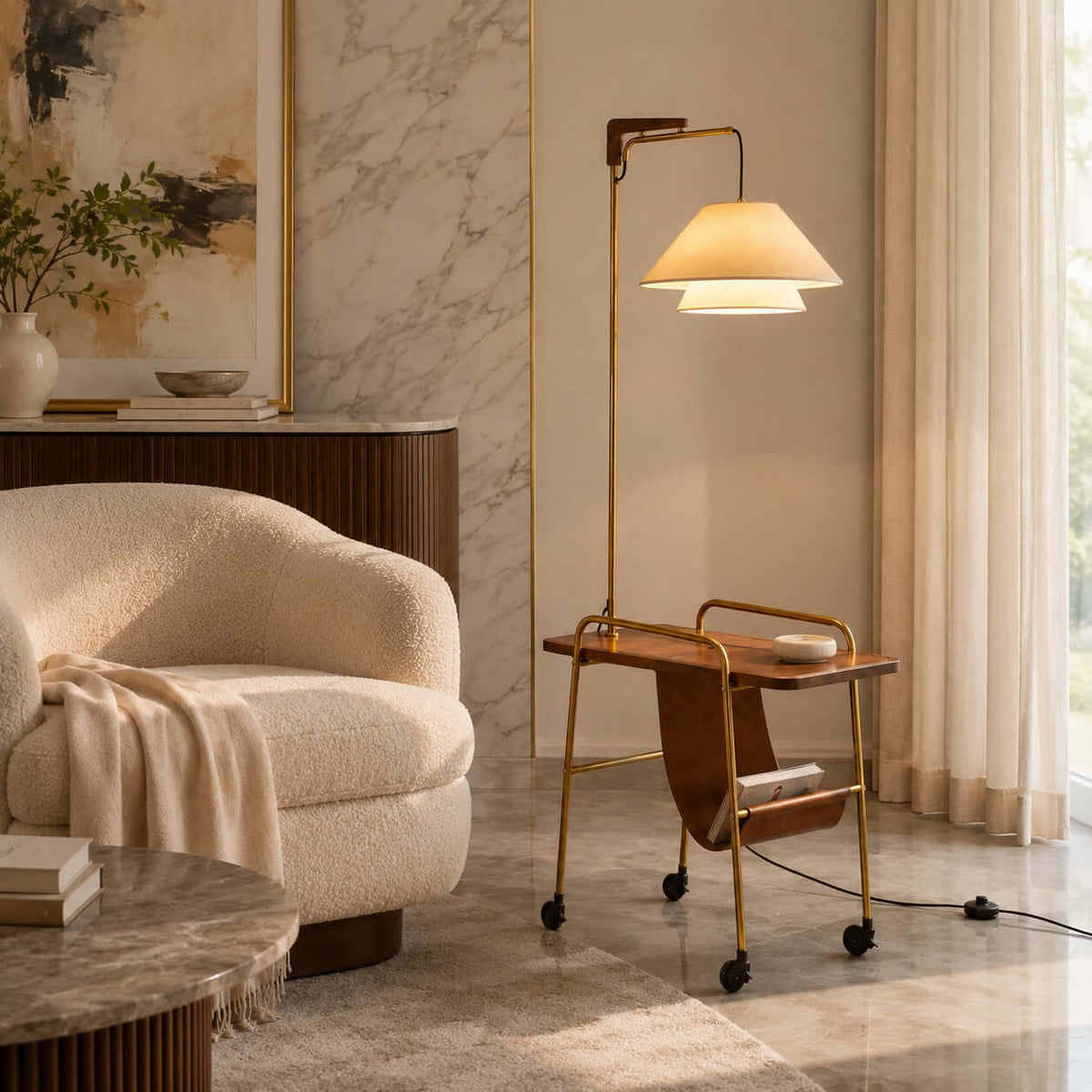 Clérachic floor lamp with a brass frame and a walnut-toned tabletop, next to a bouclé armchair and a marble-topped table.