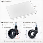 Spec graphic for this Clérachic floor lamp, showing the glass tabletop panel with its sides marked and the locking and standard castors.