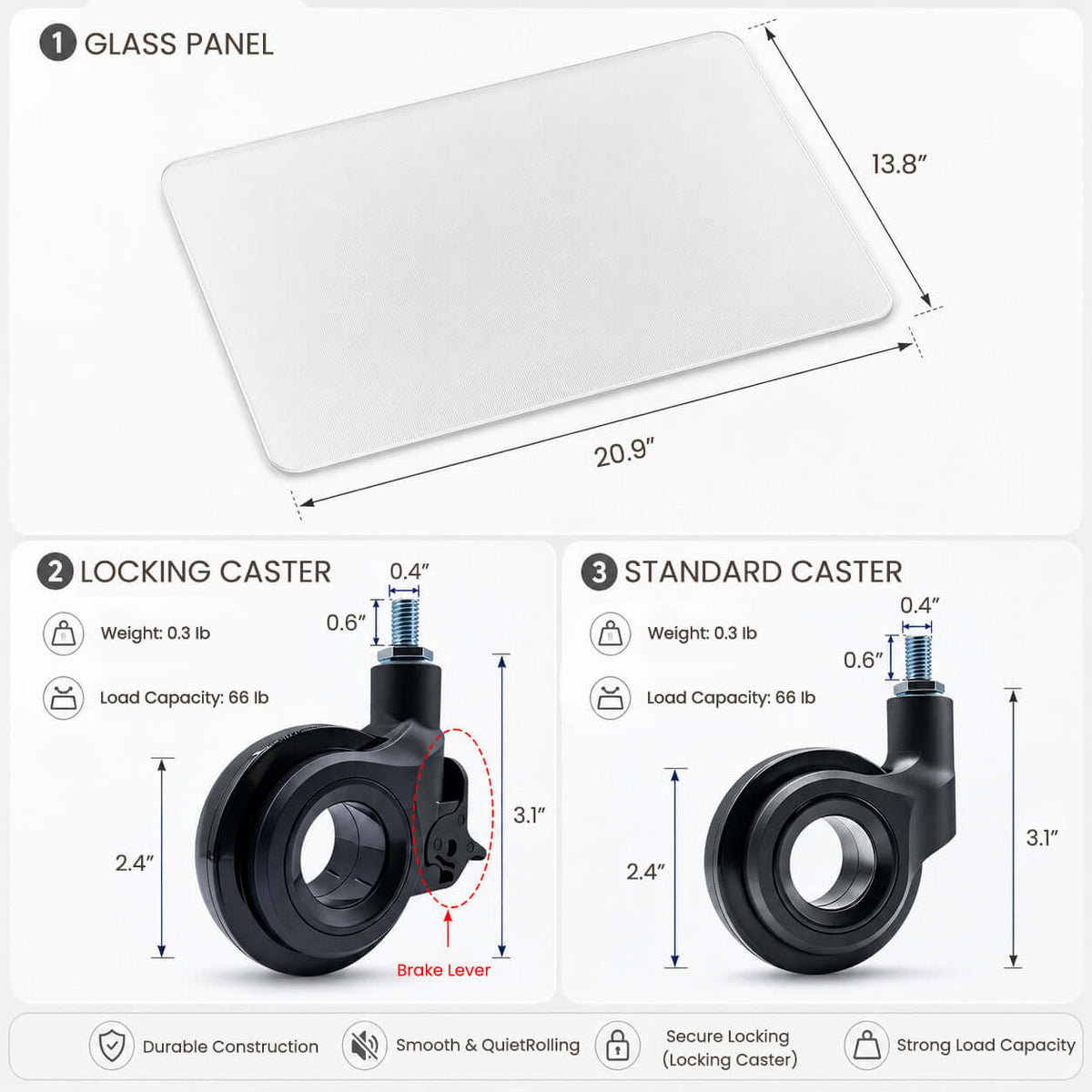 Spec graphic for this Clérachic floor lamp, showing the glass tabletop panel with its sides marked and the locking and standard castors.