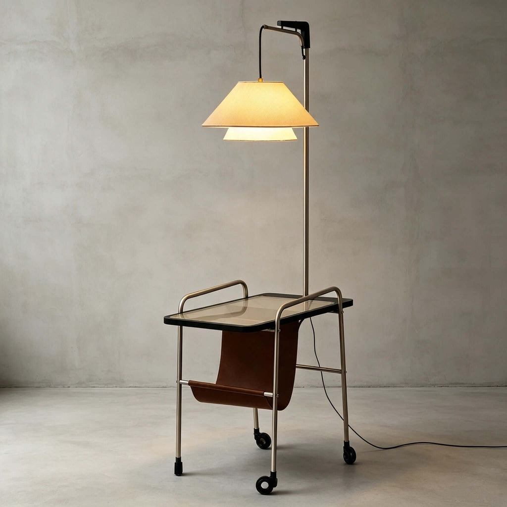 Black-topped Clérachic floor lamp with a brass frame and a leather sling, lit against a grey plaster wall and concrete floor.