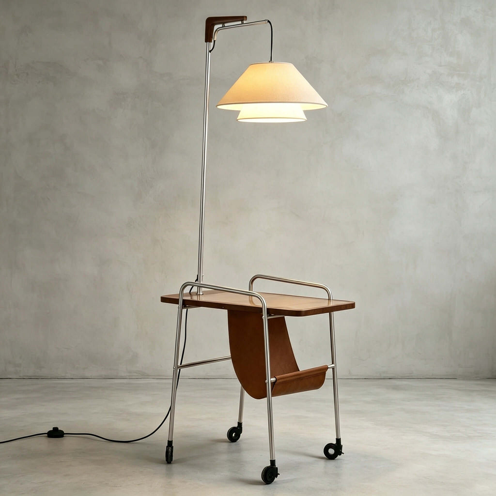 Full view of the Clérachic floor lamp with a nickel frame, a brown wood tabletop and a leather sling, against a grey plaster wall.