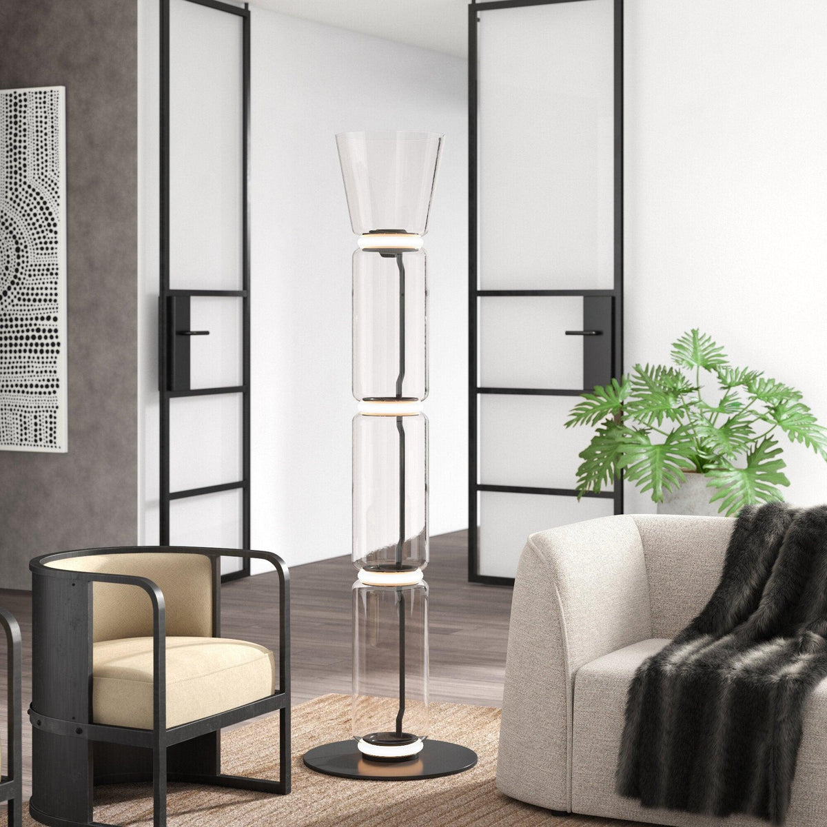Clérachic glass floor lamp with a cone shade, set in a bright room between black-framed glass doors, an armchair and a sofa.