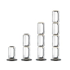 Four heights of the Clérachic glass floor lamp in a row on white, each a stack of clear cylinders on a black base.