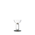 Short Clérachic glass floor lamp with a bowl shade over one clear cylinder, on a round black base against white.