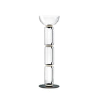 A Clérachic glass floor lamp with a bowl shade over three clear cylinders and a thin glowing ring at each joint, on white.
