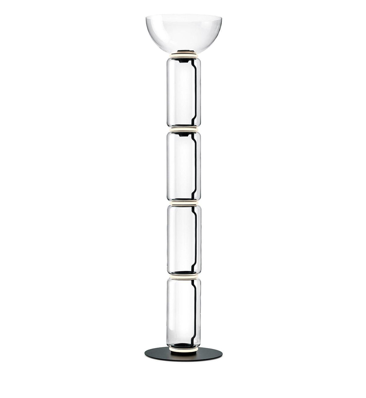 Tallest Clérachic glass floor lamp with a bowl shade over four stacked clear cylinders, on a round black base against white.