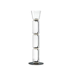 Clérachic glass floor lamp with a small cone shade over three clear cylinders, on a round black base against white.