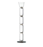 A Clérachic glass floor lamp with a narrow cone shade over four clear cylinders and a black round base, on white.