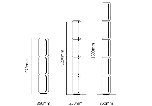 Dimension drawing of this Clérachic floor lamp, with its height and width marked for three stack heights.