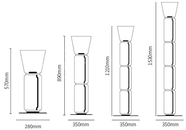 Dimension drawing of this Clérachic floor lamp in its cone-shade versions, with each height and width marked.