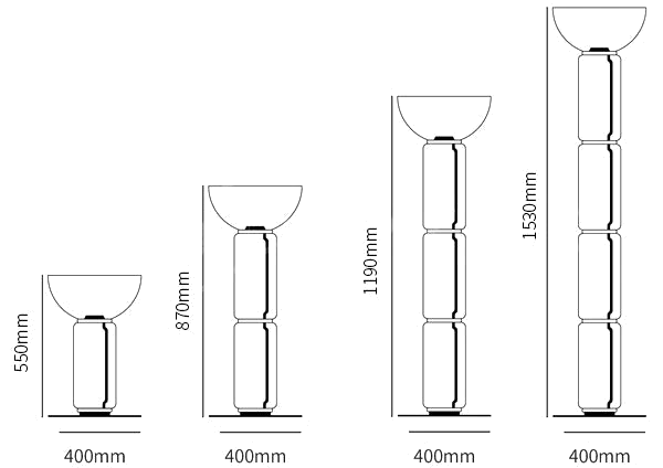 Dimension drawing of this Clérachic floor lamp in its bowl-shade versions, with each height and width marked.