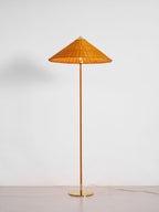 In this photo, a Clérachic floor lamp with a woven rattan shade and a brass base on a pale floor, against a plain white wall.
