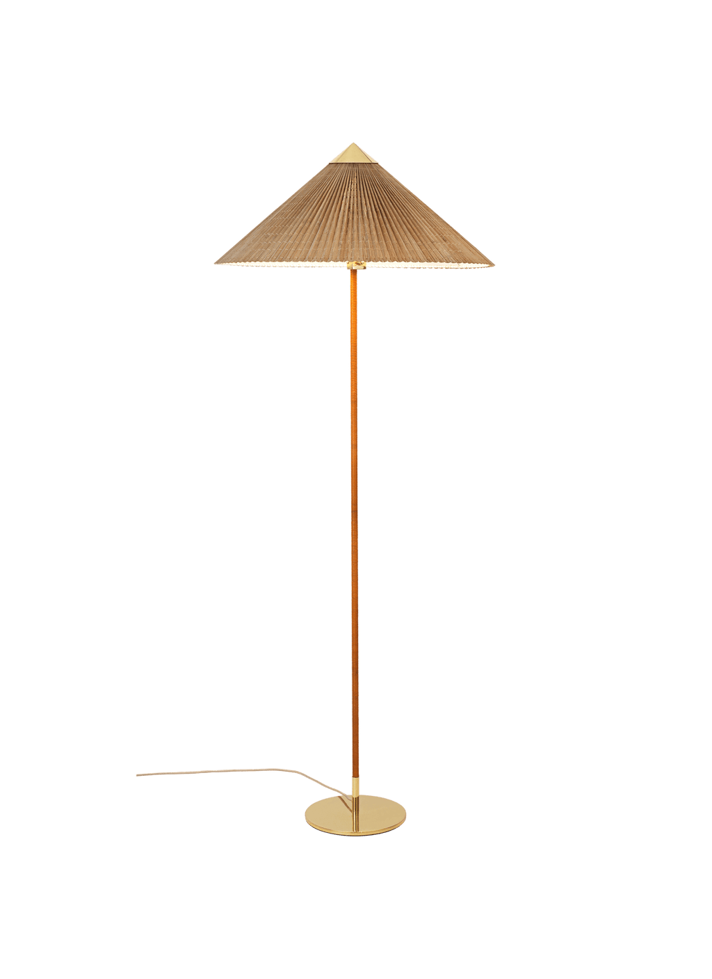 A Clérachic floor lamp with a bamboo slat shade, a cane-wrapped stem and a brass base, on a green backdrop.