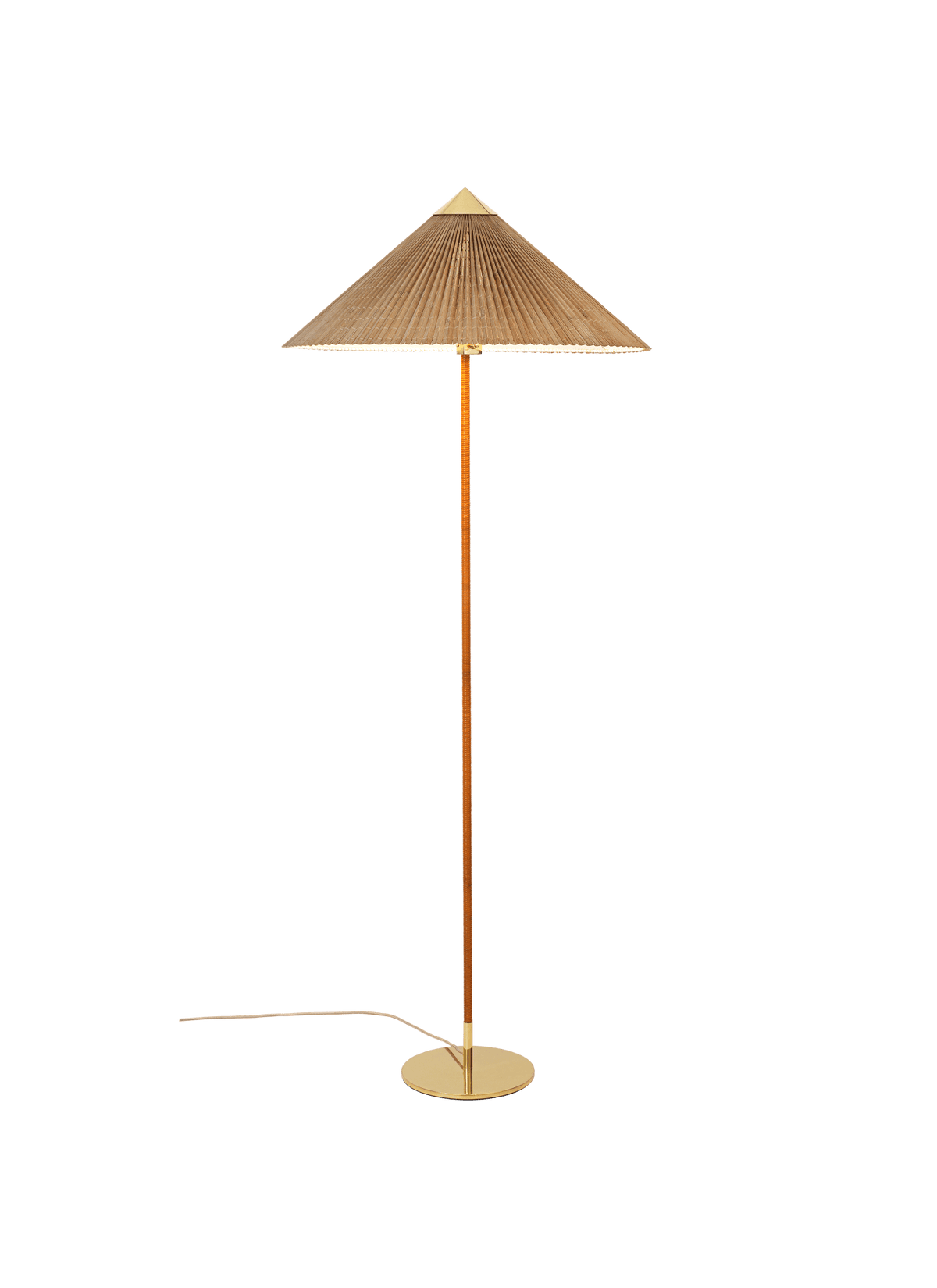 A Clérachic floor lamp with a bamboo slat shade, a cane-wrapped stem and a brass base, on a green backdrop.