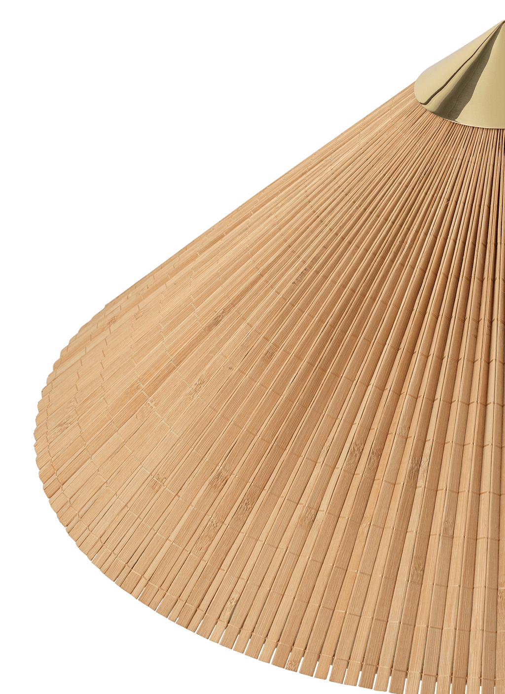 Close view of the bamboo slat shade of this Clérachic floor lamp against a green backdrop, with a brass cap at the top.