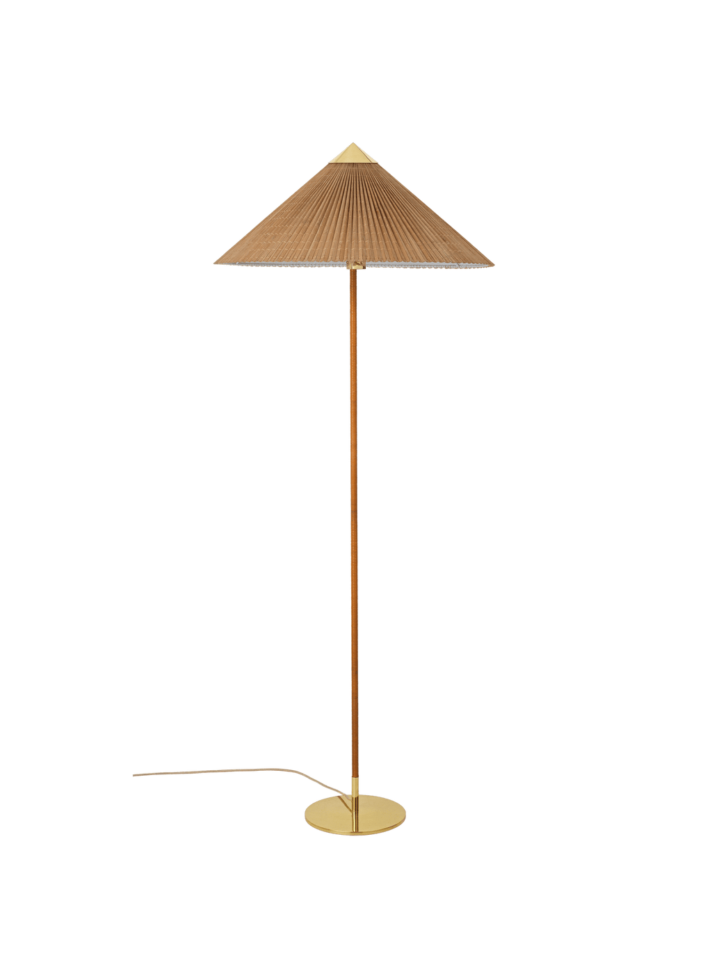 Pictured here, a Clérachic floor lamp with a bamboo slat shade and a cane-wrapped stem on a brass base, on a green backdrop, its cord trailing out.