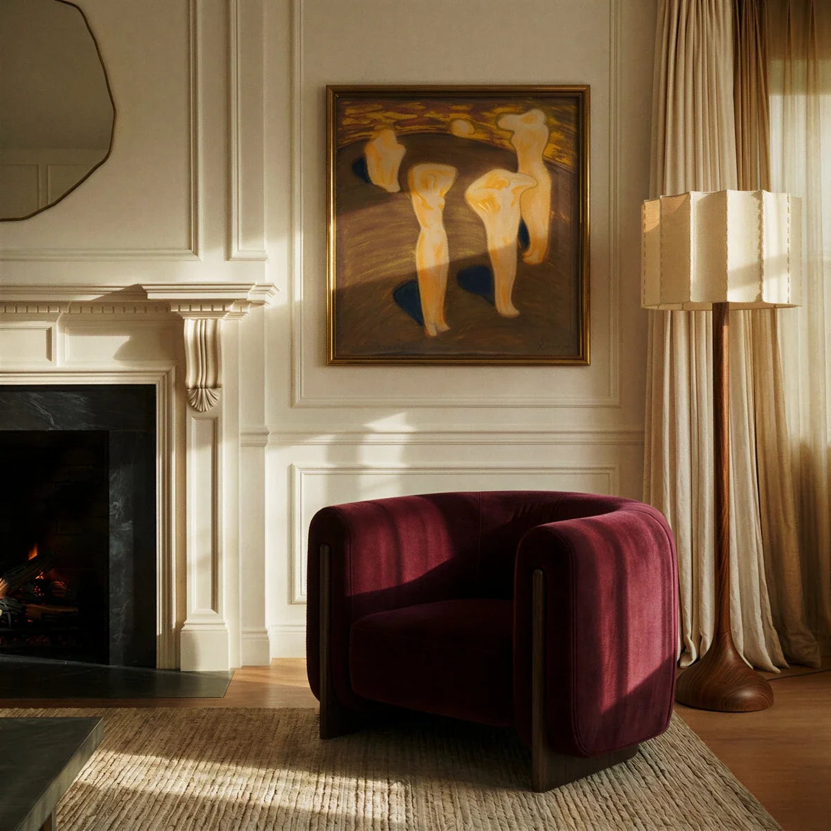 Clérachic floor lamp beside sheer curtains and a burgundy velvet armchair in a panelled sitting room with a fireplace.