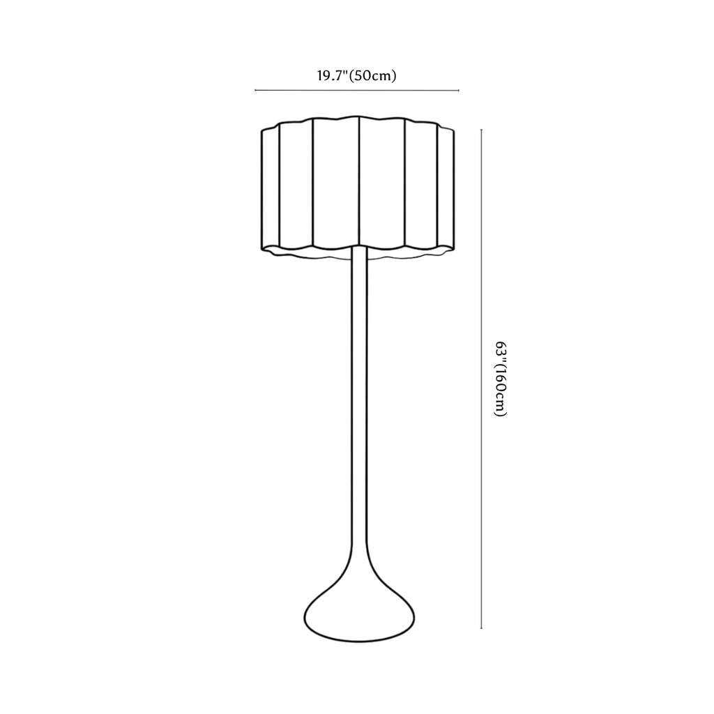 Clérachic floor lamp dimension drawing, every measurement marked in centimetres and inches.