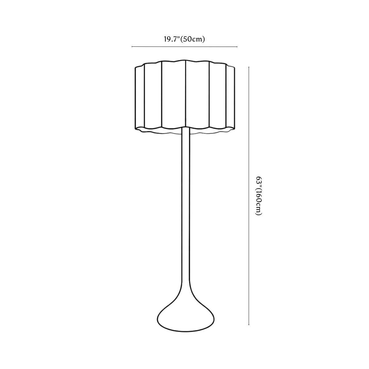 Clérachic floor lamp dimension drawing, every measurement marked in centimetres and inches.