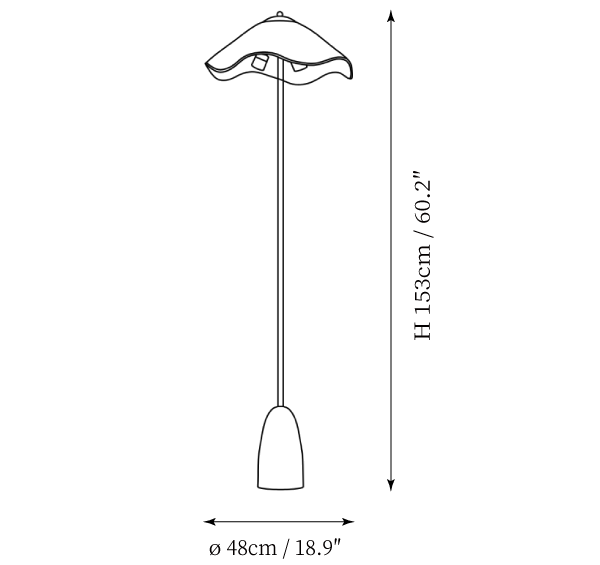 Clérachic floor lamp dimension drawing, every measurement marked in centimetres and inches.