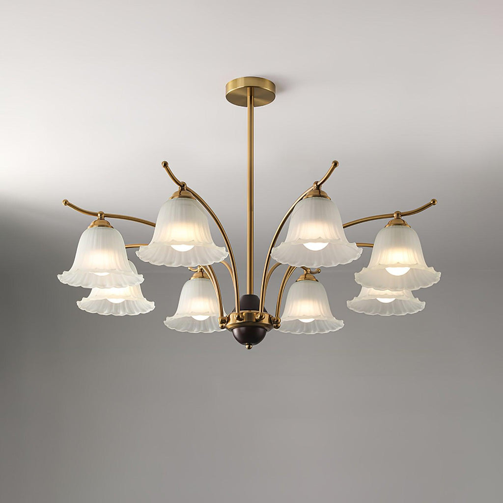 Clérachic Flora chandelier in the eight-light size, bell shades ringing a dark central hub.