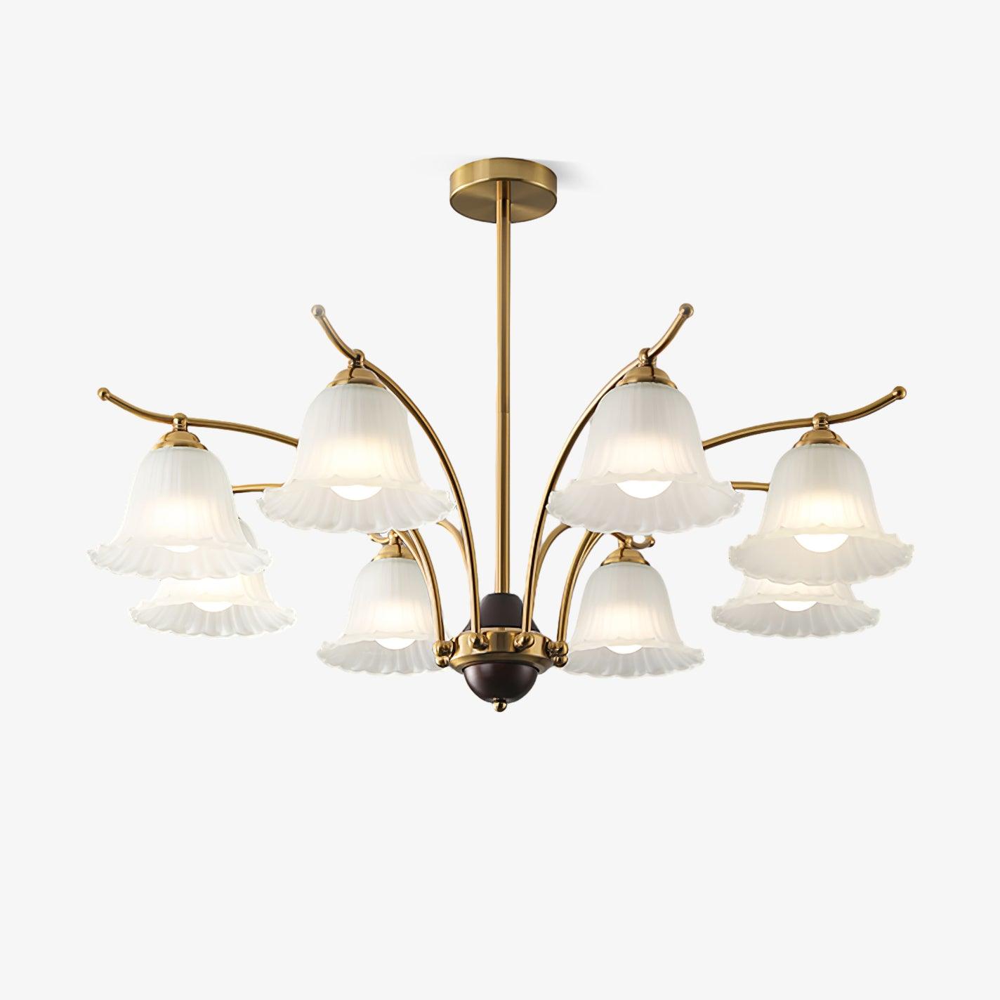 The Clérachic Flora chandelier on white, showing the brass arms and ribbed glass bell shades.