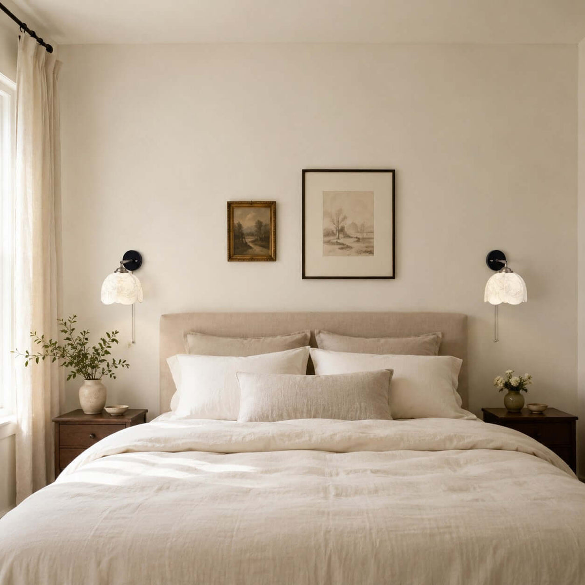 Two Clérachic wall lights with white shades above a linen-dressed bed, either side of a framed print and a small picture.