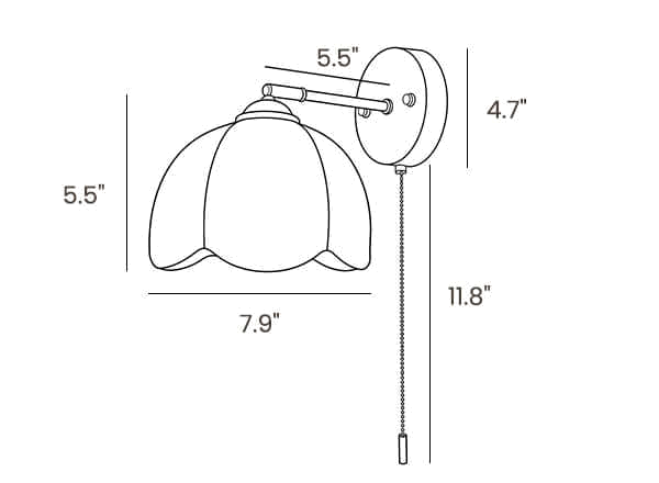 Dimension drawing of this Clérachic wall light, with its shade width, height, arm projection and chain length marked.