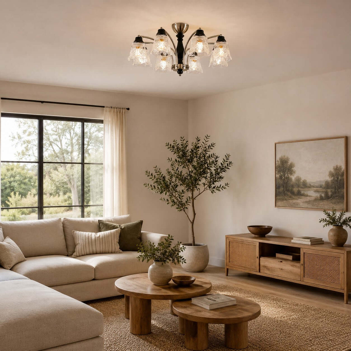 Clérachic chandelier with clear floral shades above stacked round wood tables, a corner sofa and a woven media unit.
