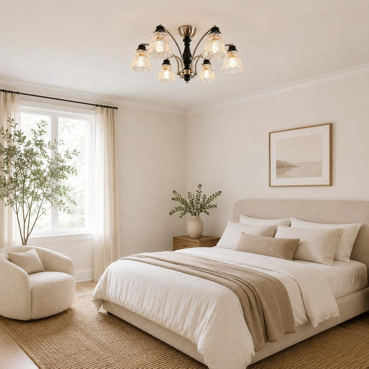 This Clérachic chandelier lights a bedroom with white linen bedding, a jute rug and a pale wood bedside table.