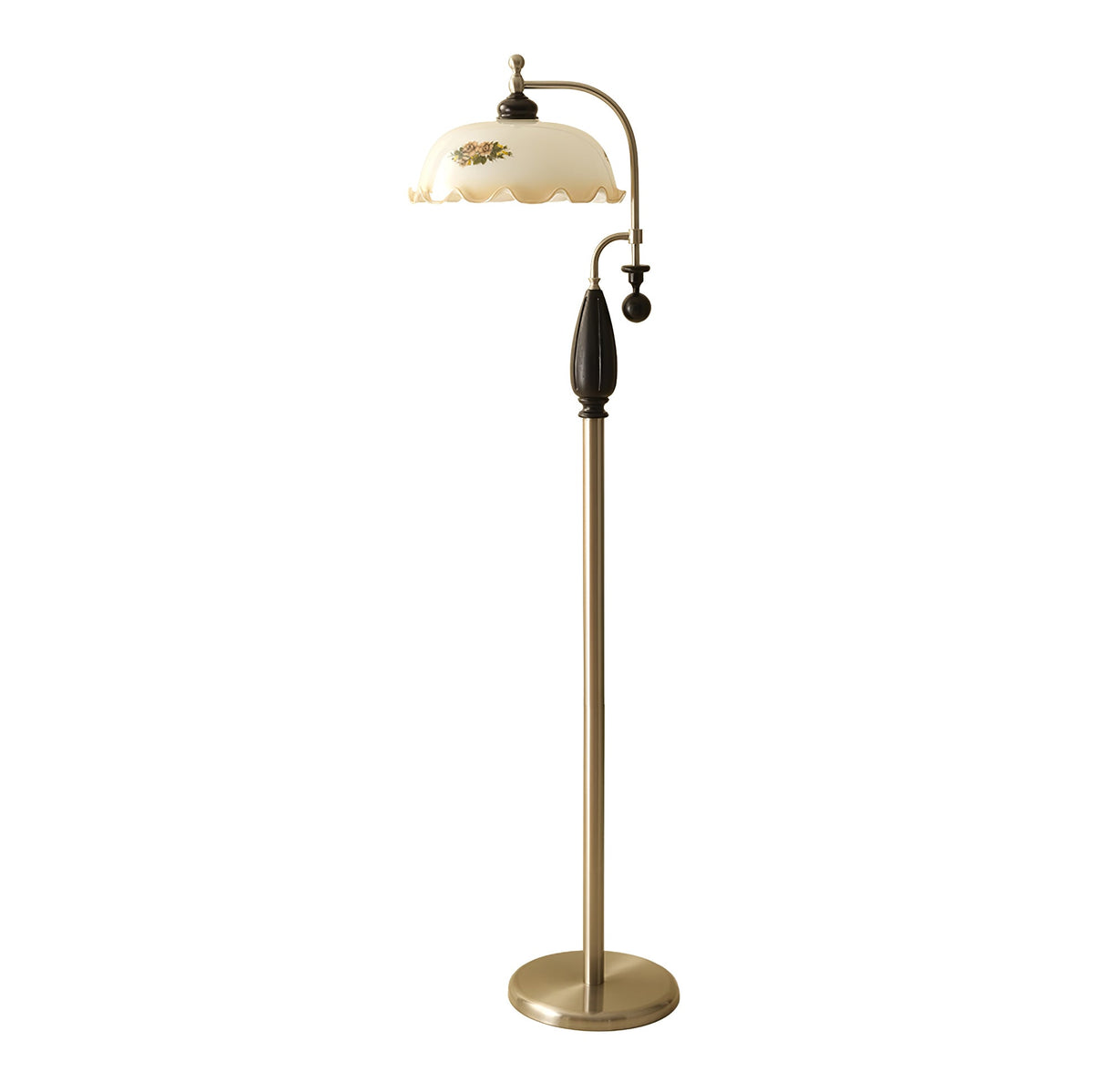 Black-and-nickel floor lamp with a frilled cream shade, photographed on a plain white backdrop; a Clérachic design.