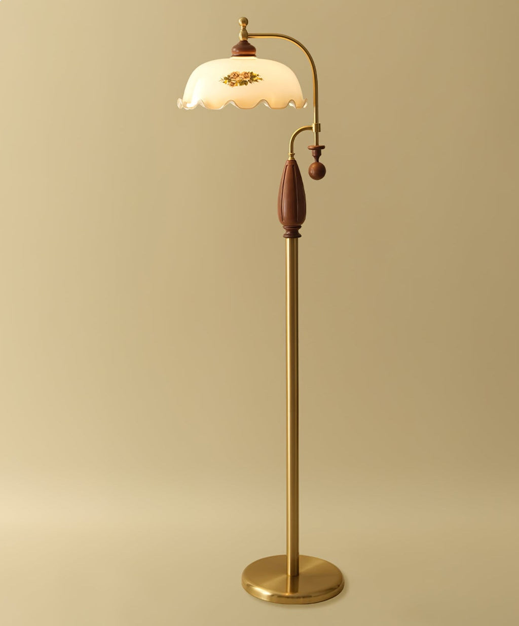 Brass and walnut version on a soft gold backdrop with a round brass base, shown for this Clérachic floor lamp.