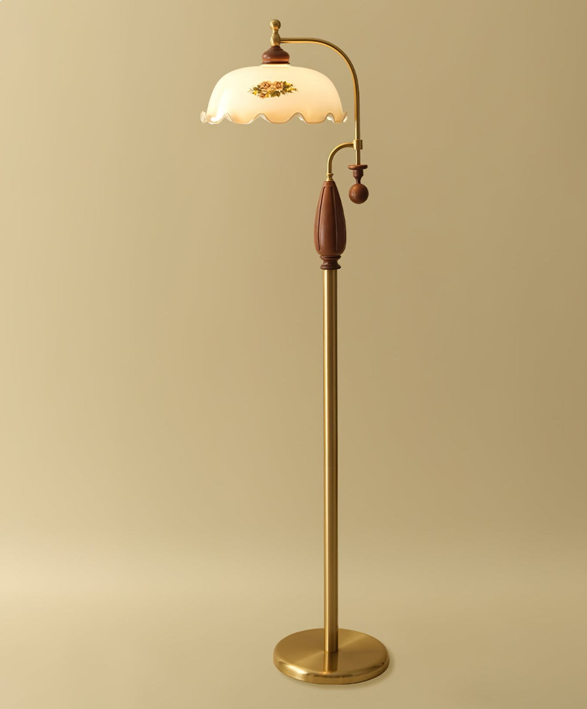 Brass and walnut version on a soft gold backdrop with a round brass base, shown for this Clérachic floor lamp.