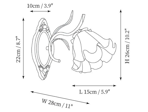 Dimension drawing of this Clérachic wall light with a flower shade, with its height, width and projection marked.