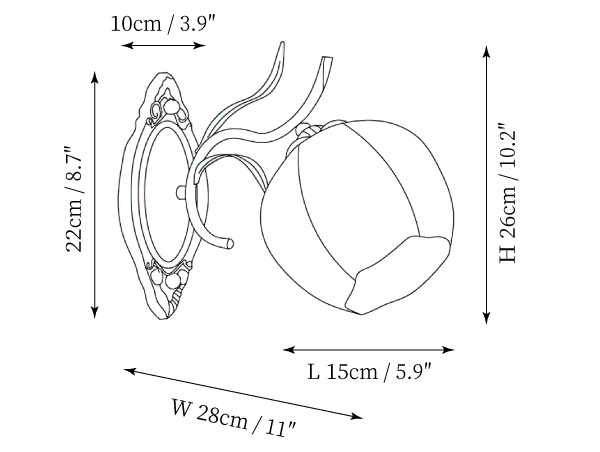 Dimension drawing of this Clérachic wall light with a round shade, with its height, width and projection marked.