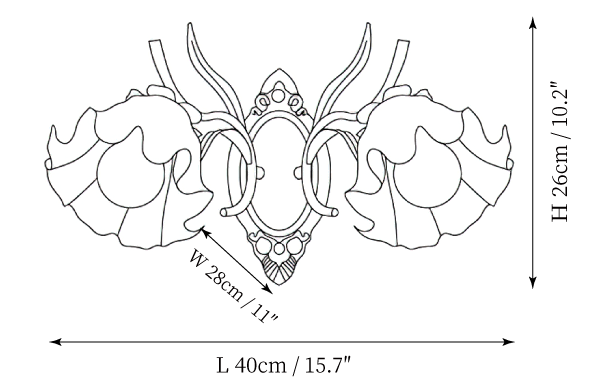 Dimension drawing of this Clérachic double wall light with flower shades, with its height and width marked.