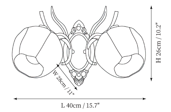 Dimension drawing of this Clérachic double wall light with round shades, with its height and width marked.