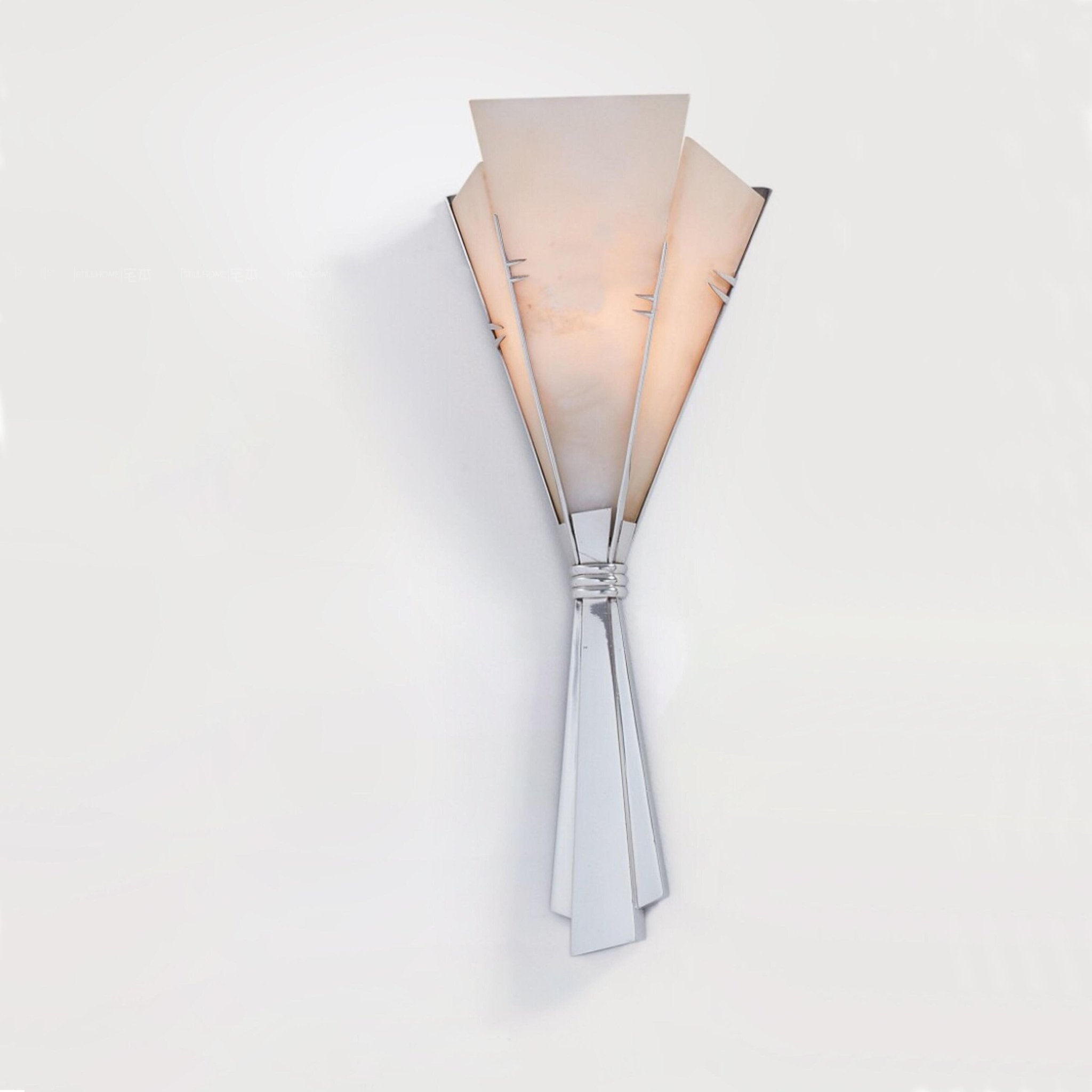 Clérachic Florent wall sconce on white, fanned alabaster panels above a polished nickel base.