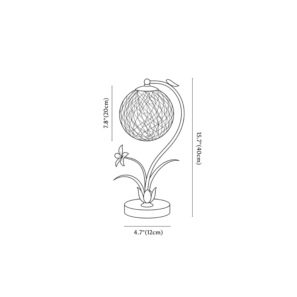 Clérachic table lamp dimension drawing, decorated sphere, every measurement marked in centimetres and inches.
